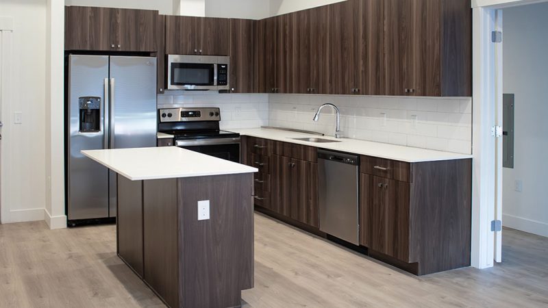 affordable HPL wood grain slab kitchen cabinet
